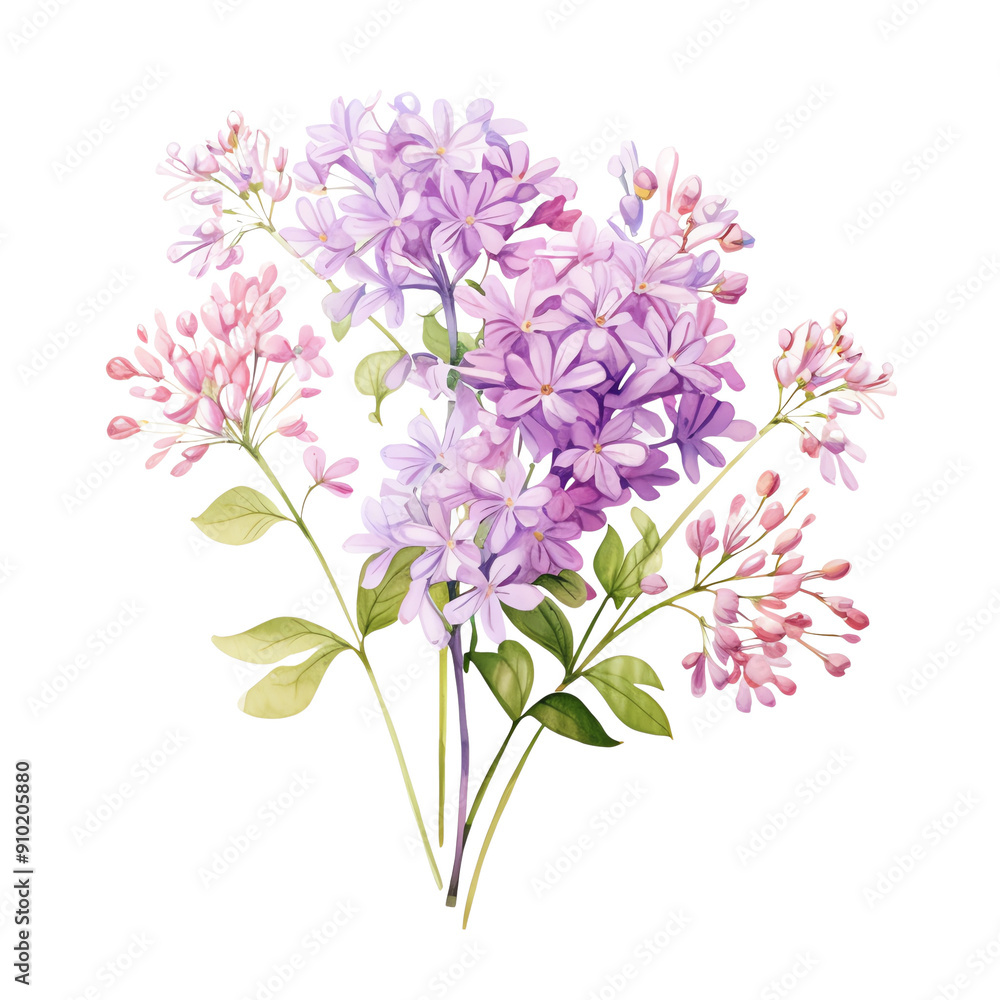 Fototapeta premium A beautiful bouquet of delicate pink and purple flowers with green foliage, perfect for botanical illustrations and nature-themed designs.