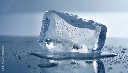  A close-up of a melting ice cube with water droplets, placed on a mirrored surface with a gentle reflection, enhanced by the subtle shimmer of light bouncing off the smooth, reflective surface