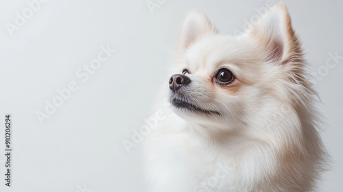 Close-up of a lovable white Pomeranian against a clean white background, leaving space for text to complement the dog's portrait