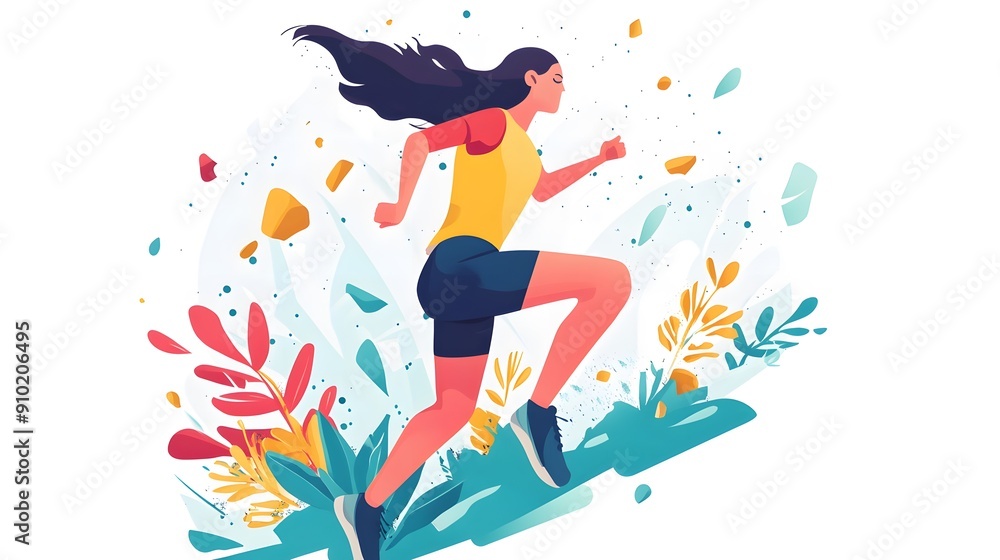 A woman in sportswear runs through a field of colorful flowers. A woman in sportswear runs through a field of colorful flowers.