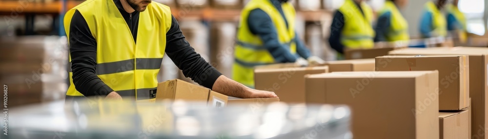 Close-up of workers organizing boxes, bright vests, busy warehouse Close-up of workers organizing boxes, bright vests, busy warehouse
