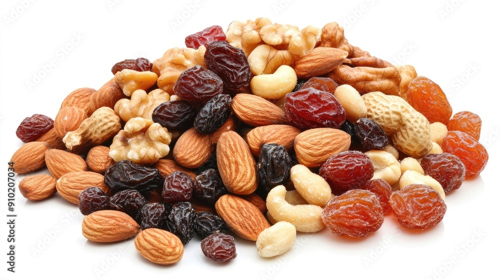 Close-up of assorted nuts and dried fruits, including almonds, hazelnuts, peanuts, cashews, candied fruit, and raisins, isolated on white Close-up of assorted nuts and dried fruits, including almonds, hazelnuts, peanuts, cashews, candied fruit, and raisins, isolated on white