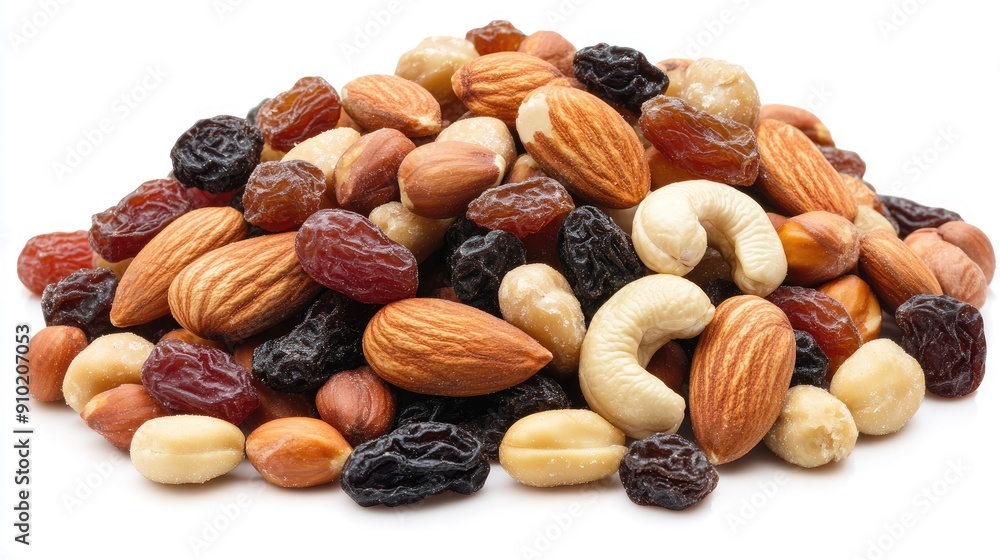 Close-up of assorted nuts and dried fruits, including almonds, hazelnuts, peanuts, cashews, candied fruit, and raisins, isolated on white Close-up of assorted nuts and dried fruits, including almonds, hazelnuts, peanuts, cashews, candied fruit, and raisins, isolated on white