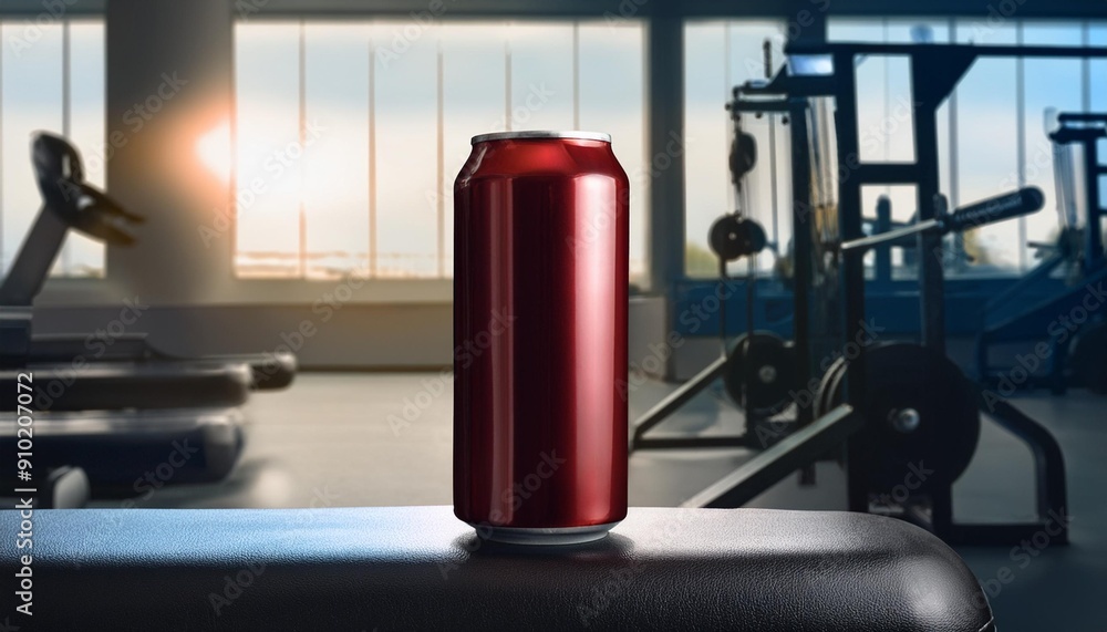 A red and black energy drink can resting on a gym bench, with a smooth background showing ou A red and black energy drink can resting on a gym bench, with a smooth background showing ou