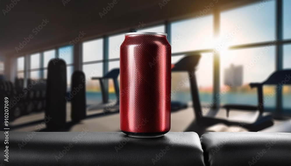 A red and black energy drink can resting on a gym bench, with a smooth background showing ou A red and black energy drink can resting on a gym bench, with a smooth background showing ou