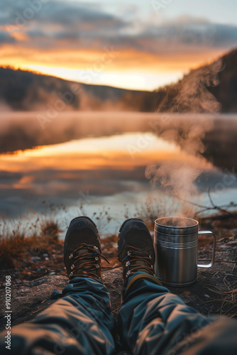 Man legs in trekking boots and a metal mug with hot steaming drink on a backdrop of beautiful lake on a sunrise.