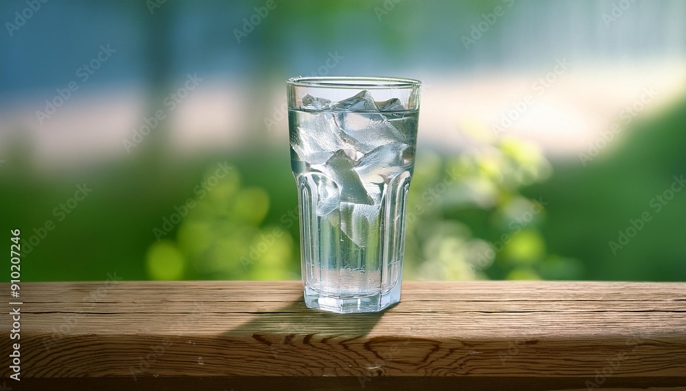 A refreshing glass of ice water on a polished wooden surface, with a gently blurred background A refreshing glass of ice water on a polished wooden surface, with a gently blurred background