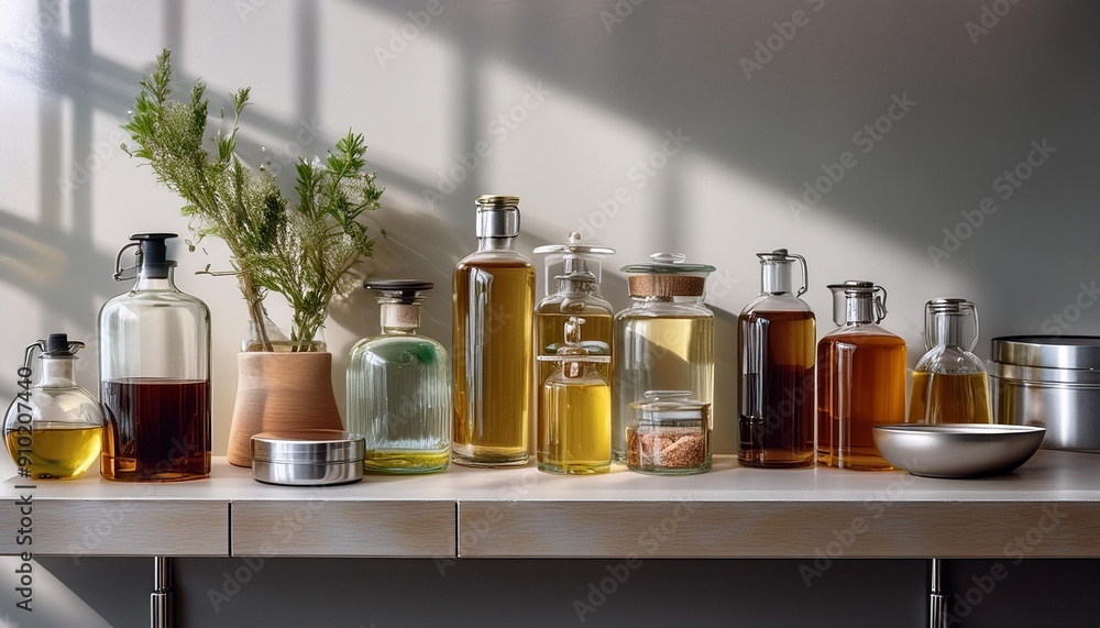 A stylish refill station with glass dispensers containing various liquids like oils, vinegar A stylish refill station with glass dispensers containing various liquids like oils, vinegar