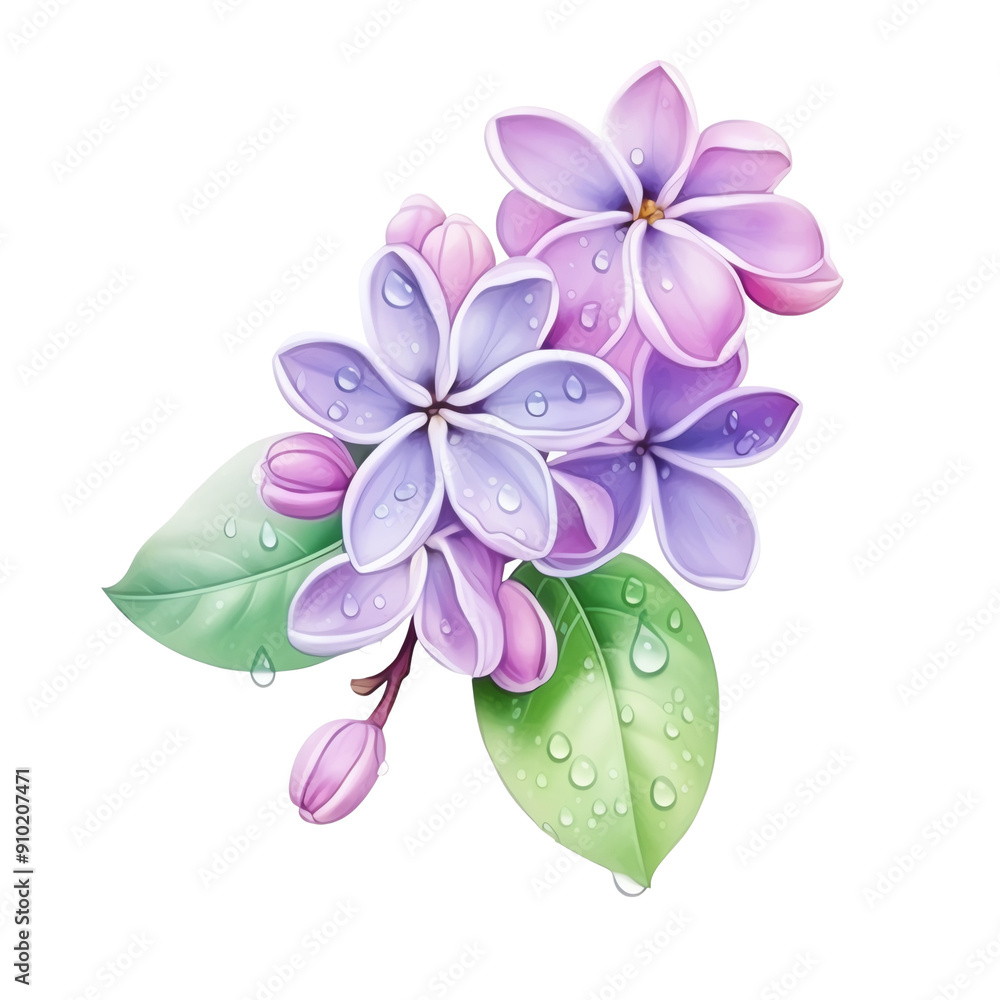 Digital illustration of purple and pink flowers with green leaves adorned with water droplets, delicate and vibrant Digital illustration of purple and pink flowers with green leaves adorned with water droplets, delicate and vibrant