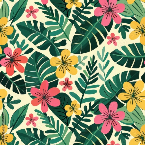 Illustration of a seamless background for a summer concept. The pattern features tropical leaves and flowers in vibrant colors.