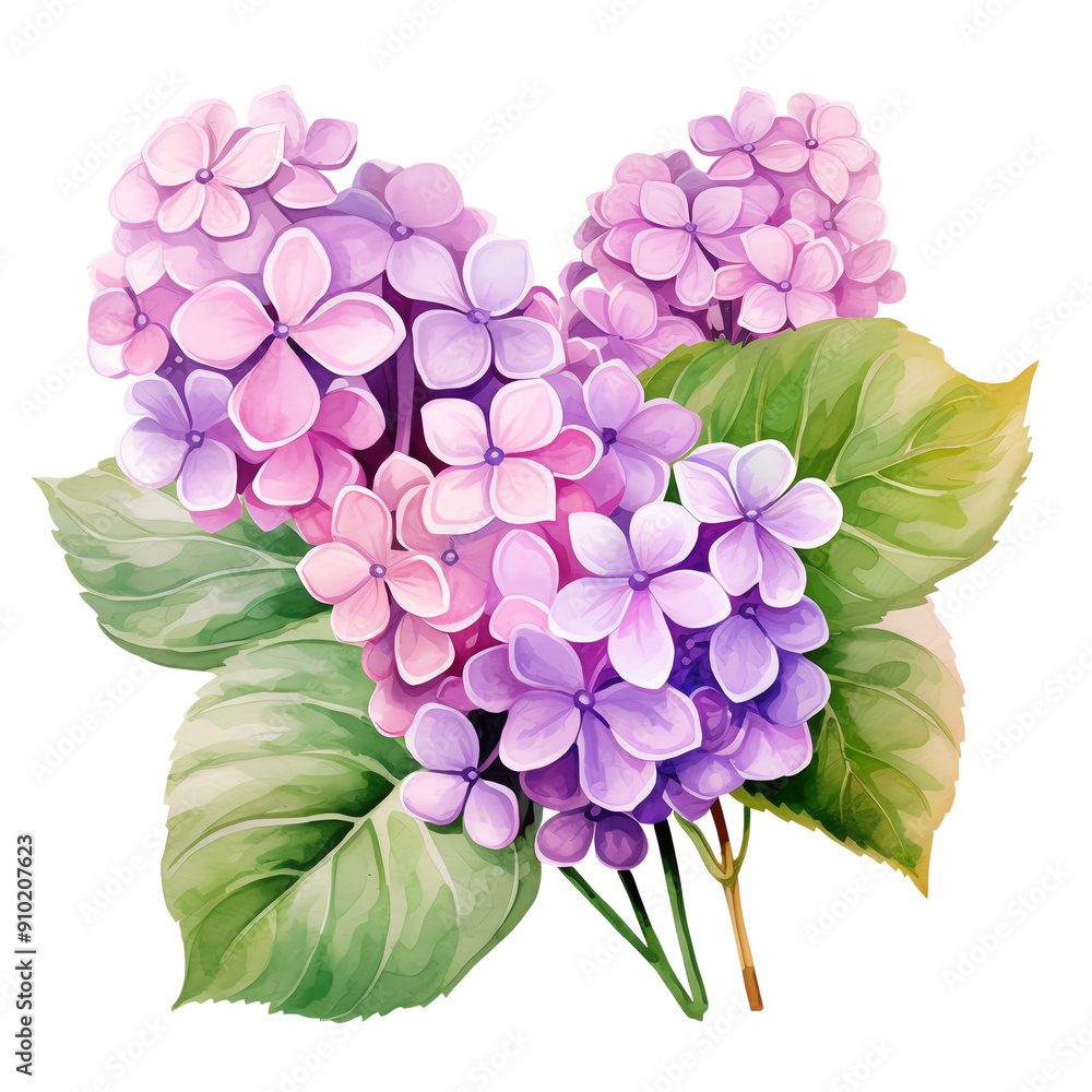 Beautiful watercolor illustration of blooming purple and pink hydrangeas with lush green leaves on a white background. Beautiful watercolor illustration of blooming purple and pink hydrangeas with lush green leaves on a white background.