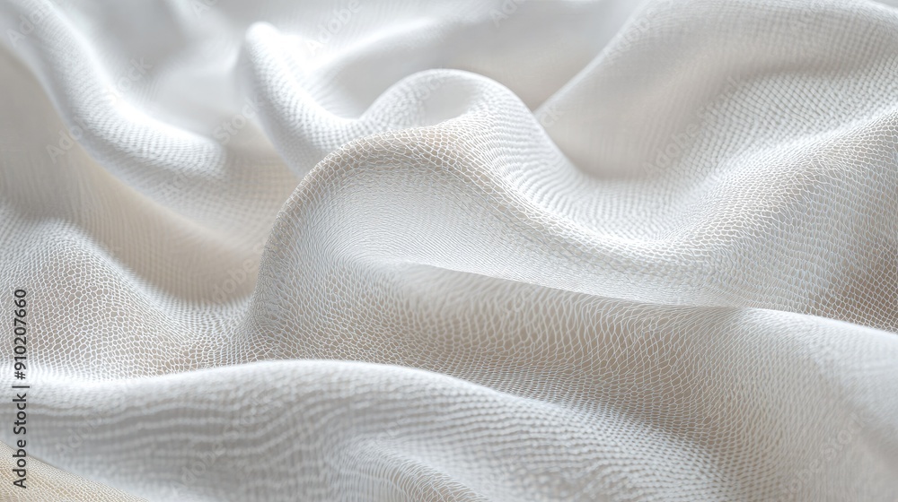 Close-up of white cloth fibers, highlighting the detailed woven texture and intricate patterns in a 3D illustration Close-up of white cloth fibers, highlighting the detailed woven texture and intricate patterns in a 3D illustration