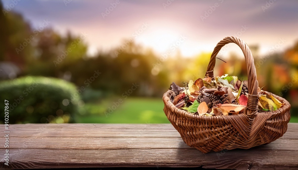 A wicker basket overflowing with assorted compostable food scraps, placed on a smooth wooden A wicker basket overflowing with assorted compostable food scraps, placed on a smooth wooden