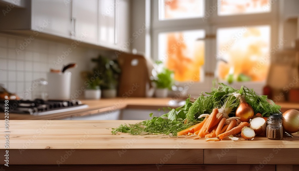 A wooden kitchen counter with neatly arranged compostable scraps like carrot tops, onion skin A wooden kitchen counter with neatly arranged compostable scraps like carrot tops, onion skin