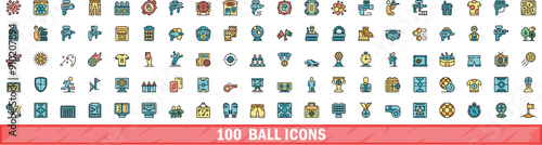 100 ball icons set. Color line set of ball vector icons thin line color flat on white