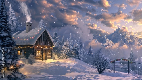 Wallpaper Mural A picturesque snowy landscape with a cozy cabin, smoke rising from the chimney, and Christmas lights twinkling. Torontodigital.ca