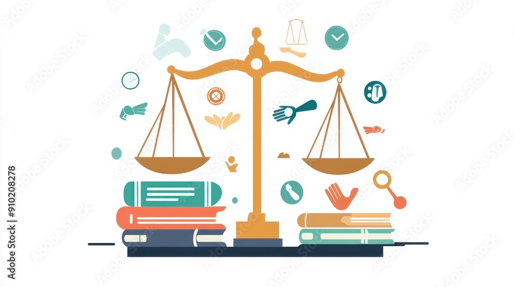Illustration of balanced scales of justice with legal symbols on both sides. Illustration of balanced scales of justice with legal symbols on both sides.
