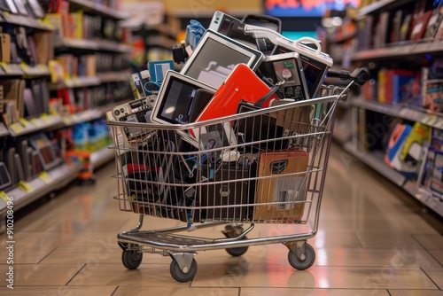 Wallpaper Mural Black Friday Shopping Cart Overflowing with Discounted Electronics in Well-Lit Store Aisle Torontodigital.ca