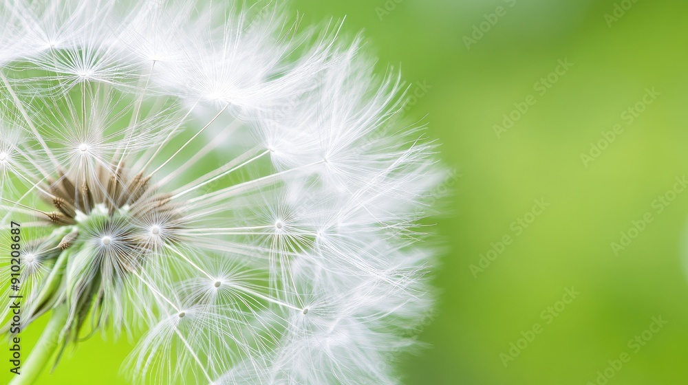 Fototapeta premium Detailed view of a dandelion seed head with a blurred green backdrop, capturing the intricate white seeds and delicate texture