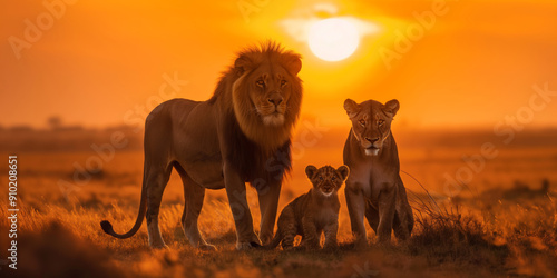 A Lion family sitting in the savannah against the backdrop of sunset. Lion with lioness and cub in African national park.
