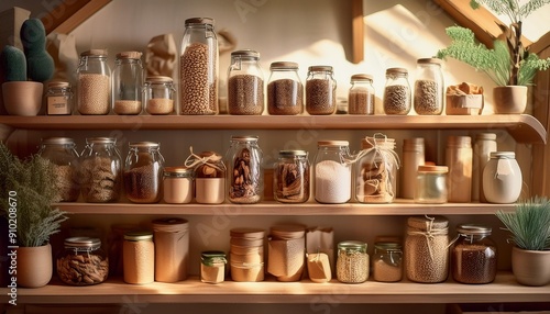 Shelves displaying items packaged in compostable materials, paper wraps, and glass container