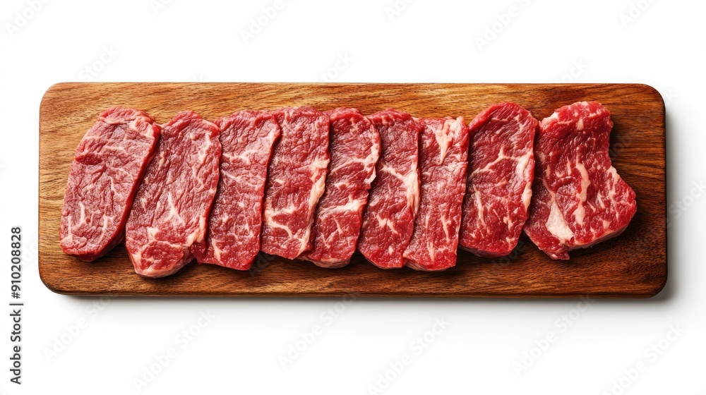 Detailed view of fresh beef cut on a rectangular wooden board, isolated on a white background, showcasing the Detailed view of fresh beef cut on a rectangular wooden board, isolated on a white background, showcasing the