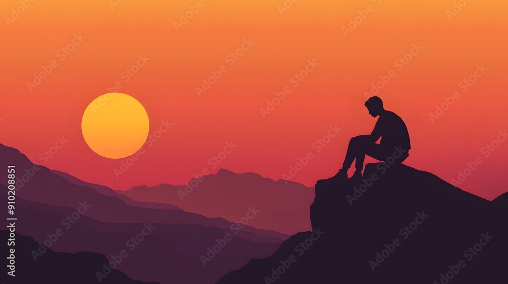 Obraz premium Silhouette of a person sitting on a mountaintop at sunset. A lone figure contemplates the vastness of the landscape.
