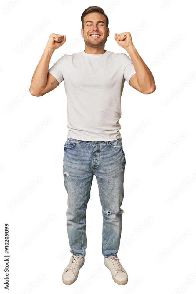 Full body portrait of a man in studio celebrating a victory, passion and enthusiasm, happy expression. Full body portrait of a man in studio celebrating a victory, passion and enthusiasm, happy expression.