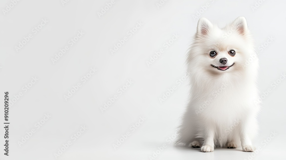 Fototapeta premium Elegant white Pomeranian dog on a white background, with ample room for adding text, capturing the dog's playful and charming nature