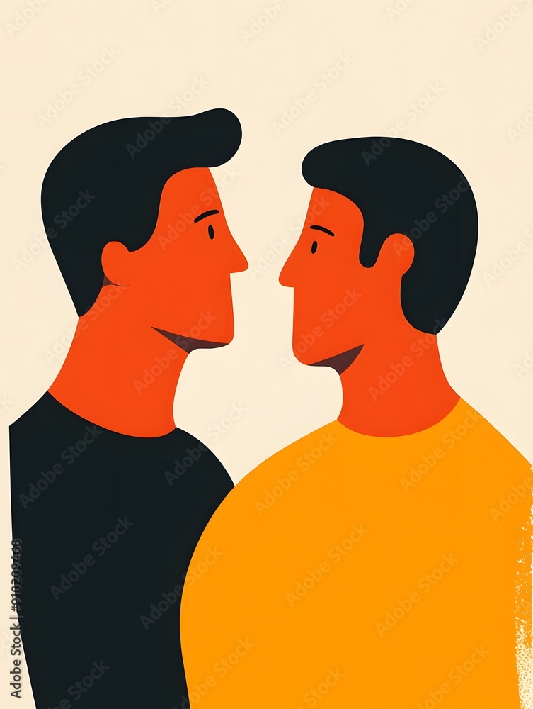 Two men facing each other, illustrated in a simple, minimalist style. The men are depicted with red skin and are wearing different colored shirts. Two men facing each other, illustrated in a simple, minimalist style. The men are depicted with red skin and are wearing different colored shirts.