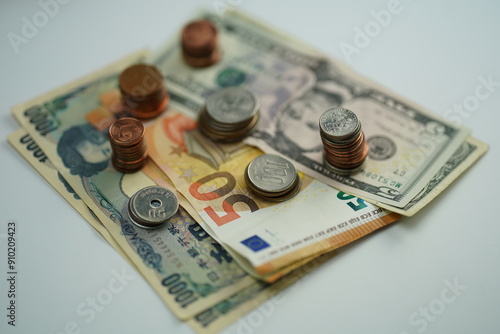 Wallpaper Mural Overview of various dollar, euro and yen bills and coins of different currencies as a concept of saving and buying foreign currency Torontodigital.ca