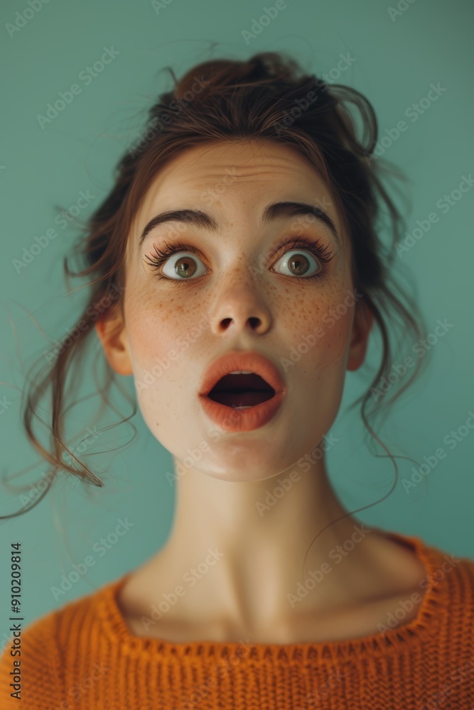 Surprised Woman with Wide Eyes and Open Mouth Against Neutral Gradient Background Surprised Woman with Wide Eyes and Open Mouth Against Neutral Gradient Background