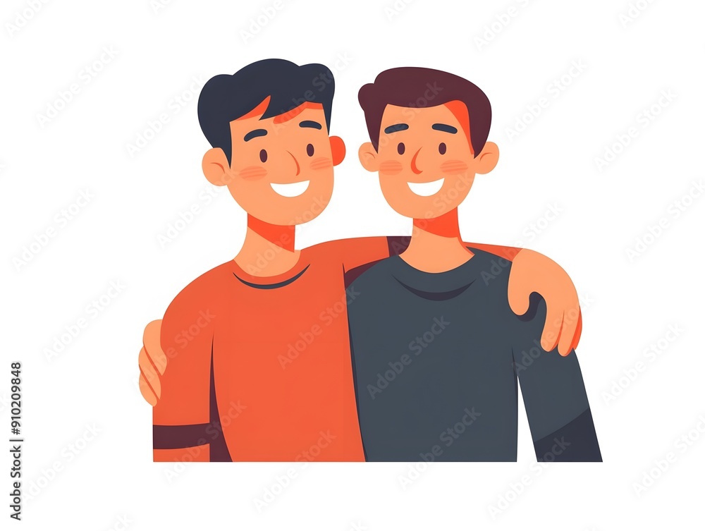 Two smiling men stand close together, one arm around the other's shoulder, showcasing friendship and camaraderie. Two smiling men stand close together, one arm around the other's shoulder, showcasing friendship and camaraderie.