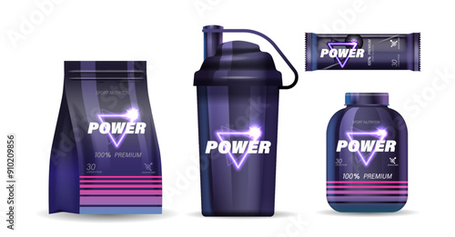 Set Of Sports Nutrition Products Including Protein Powder, Shaker Bottle, Protein Bar And Supplement Jar, Labeled Power