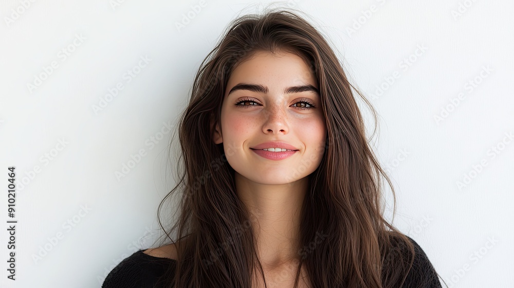Head and shoulders view of a young woman with a charming smile and long brown hair, captured in a portrait against a clean white background Head and shoulders view of a young woman with a charming smile and long brown hair, captured in a portrait against a clean white background