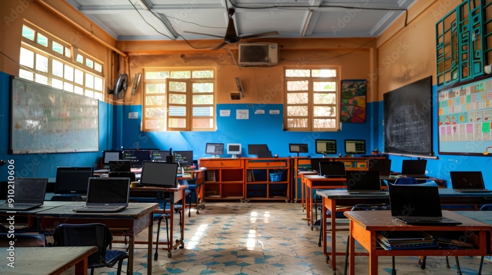 Fototapeta premium Modern Classroom with Interactive Whiteboards and Laptops for Students' Advanced Learning Experiences