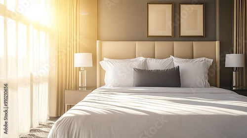 Wallpaper Mural Hotel room featuring a freshly made king-sized bed with a headboard, perfectly clean sheets, and puffy pillows, bathed in natural sunlight Torontodigital.ca