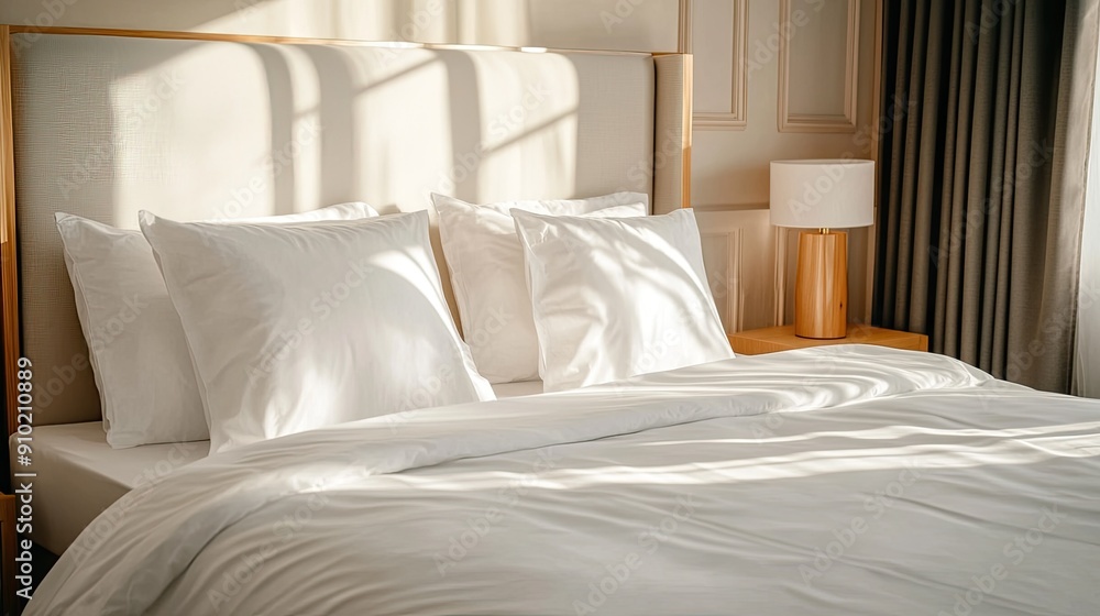 Obraz premium King-sized bed with neatly ironed sheets and soft pillows in a hotel room, illuminated by natural sunlight for a fresh and inviting look