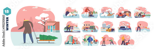Set Of Cartoon Scenes Showing Characters Engaged In Winter Tasks And Activities Including Tree Carrying, Ice Skating