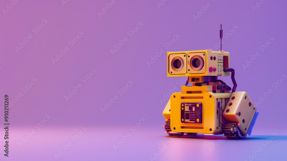 Naklejka premium A friendly robot with a yellow body and large circular eyes stands on a minimalist, purple gradient backdrop.