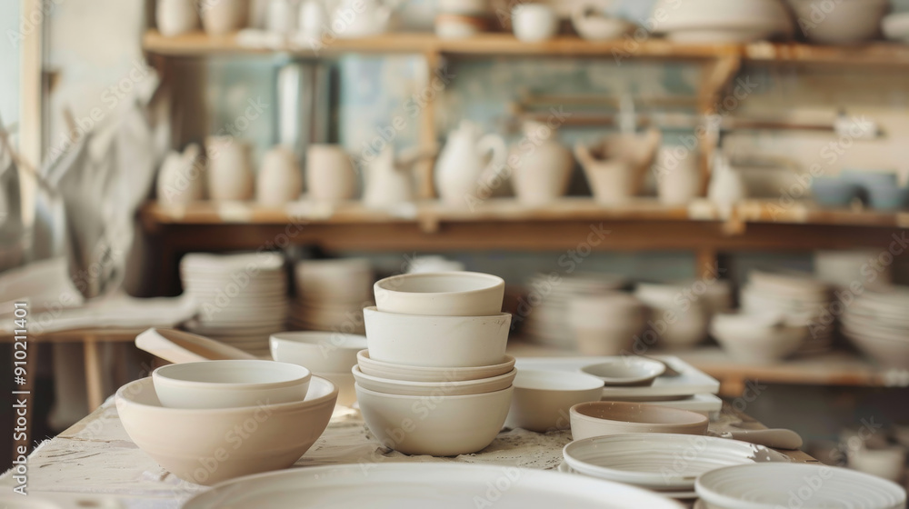 An artisan pottery studio is filled with neatly arranged bowls and plates, showcasing the beauty of handcrafted ceramics. An artisan pottery studio is filled with neatly arranged bowls and plates, showcasing the beauty of handcrafted ceramics.