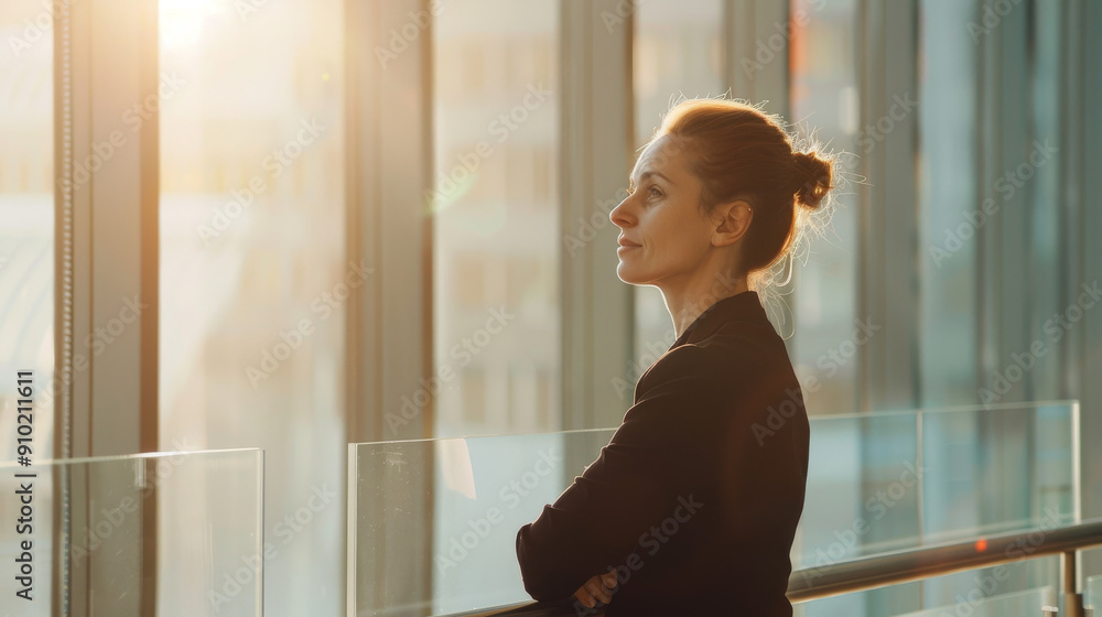 A confident woman with arms crossed gazes thoughtfully out of a sunlit window in a modern office, embodying a blend of ambition and serenity. A confident woman with arms crossed gazes thoughtfully out of a sunlit window in a modern office, embodying a blend of ambition and serenity.