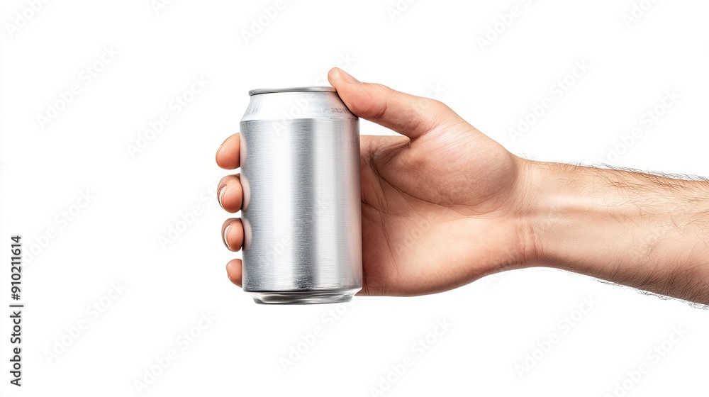 Male hand holding a can, close-up view on a white background, isolated with clipping path to highlight hand grip and can design Male hand holding a can, close-up view on a white background, isolated with clipping path to highlight hand grip and can design