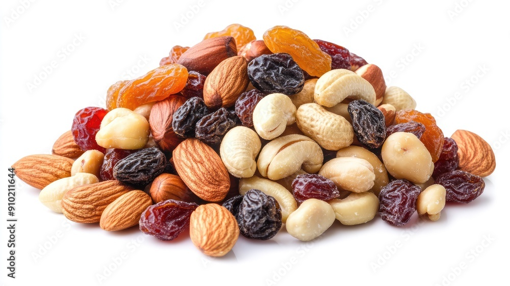 Mixed nuts and dried fruit, such as almonds, hazelnuts, peanuts, cashews, candied fruit, and raisins, isolated on white background Mixed nuts and dried fruit, such as almonds, hazelnuts, peanuts, cashews, candied fruit, and raisins, isolated on white background
