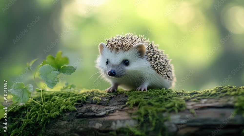 Fototapeta premium A small hedge sits atop a moss-covered log, surrounded by lush greenery