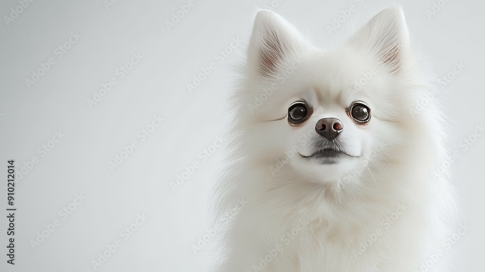Obraz premium Portrait of a charming white Pomeranian dog against a white background, with space for text to highlight the dog's adorable features