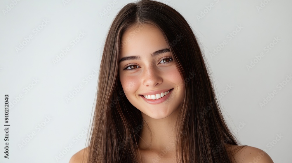 Portrait of a cute young woman with a charismatic grin and long straight brown hair, head and shoulders shot with a white backdrop Portrait of a cute young woman with a charismatic grin and long straight brown hair, head and shoulders shot with a white backdrop