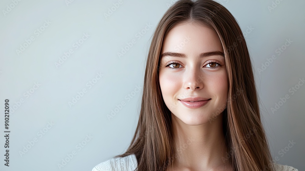 Portrait of a cute young woman with a charismatic grin and long straight brown hair, head and shoulders shot with a white backdrop Portrait of a cute young woman with a charismatic grin and long straight brown hair, head and shoulders shot with a white backdrop
