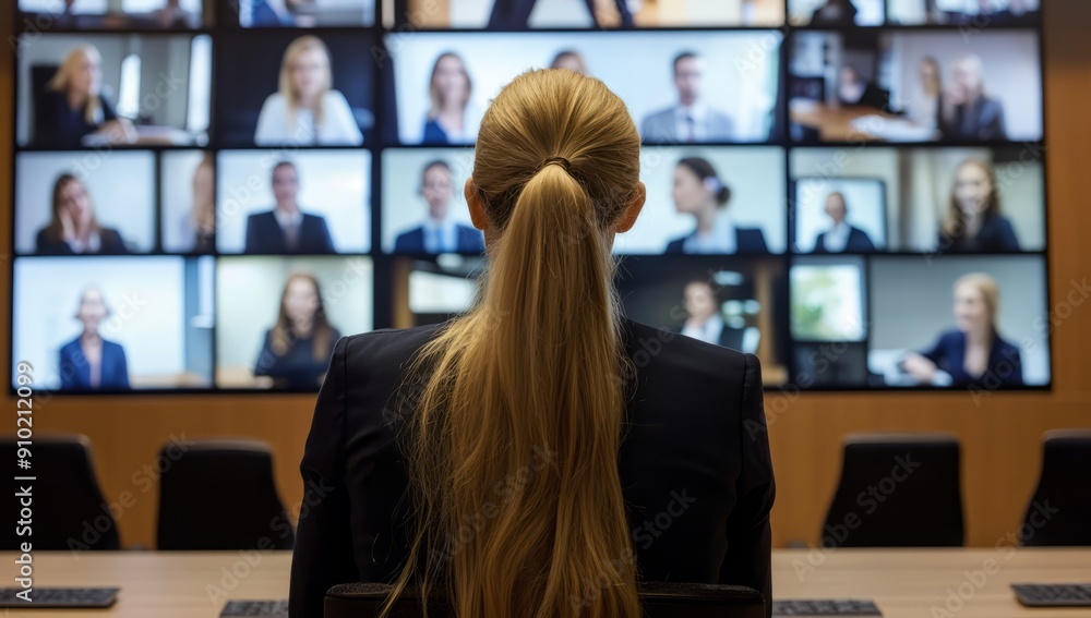 Business Team Engaging in a Large Virtual Meeting with Multiple Video Screens in Modern Conference Room Business Team Engaging in a Large Virtual Meeting with Multiple Video Screens in Modern Conference Room