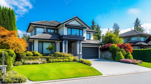 a beautiful, modern two-story house with a well-maintained front yard. The house has a dark gray roof and white exterior walls with dark trim